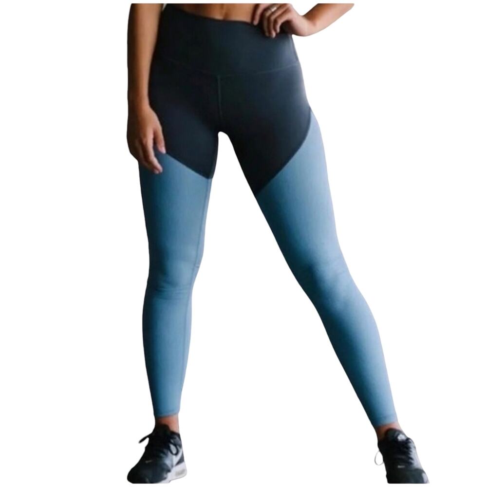 ZYIA Parallel Luxe Leggings Color Block Ruched 7/8 Storm Gray Blue 2 EUC